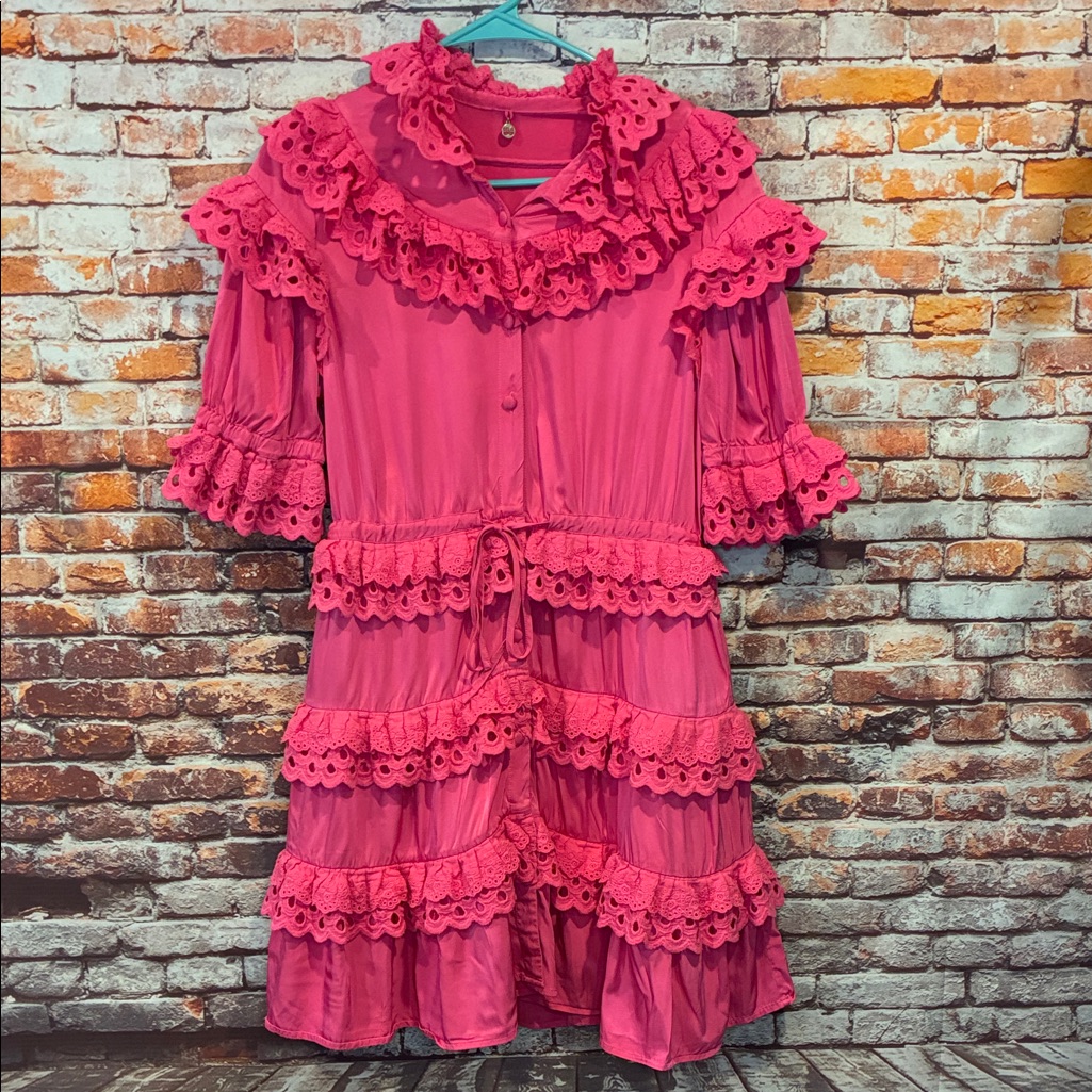 Girls' Hot Pink Ruffled Lace Dress Button Up